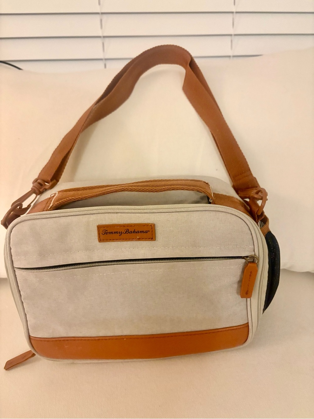 Tommy Bahama Cream Canvas Crossbody with Tan Leather Trim